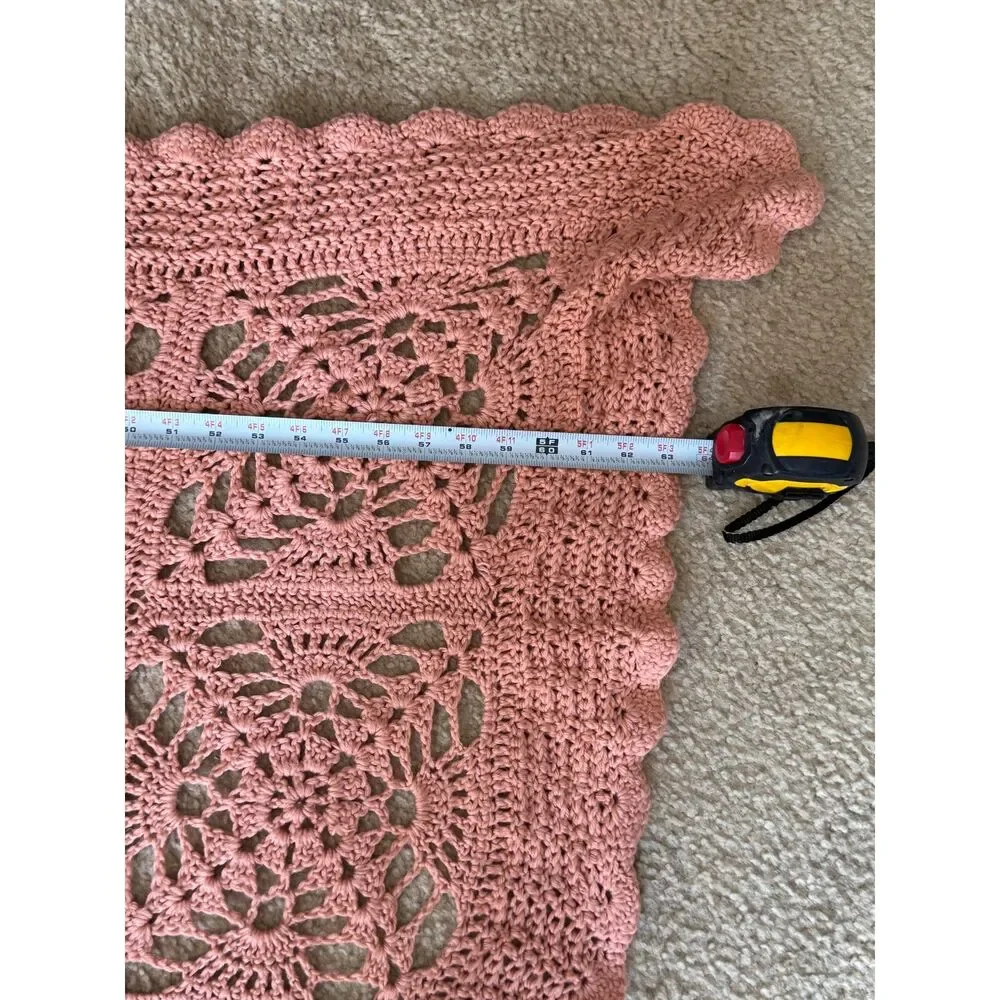 Vintage Style Handmade Crochet Blanket Pink Floral Medallion Cottagecore 64x80